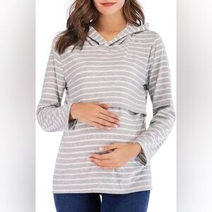 Gray and White Striped breastfeeding Sweatshirt Hoodie
